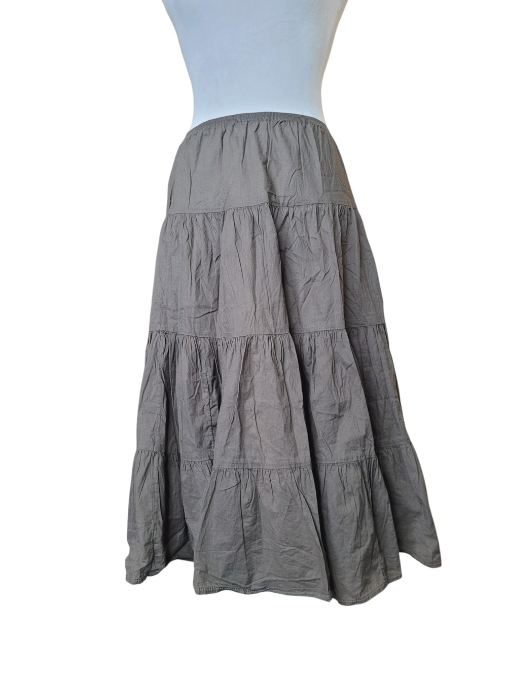 Vintage Tiered Cotton Midi Skirt in Olive Taupe Boho Fairy Grunge Small